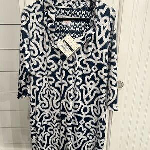 Gretchen Scott Designs Navy and White Dress with Ruffleneck